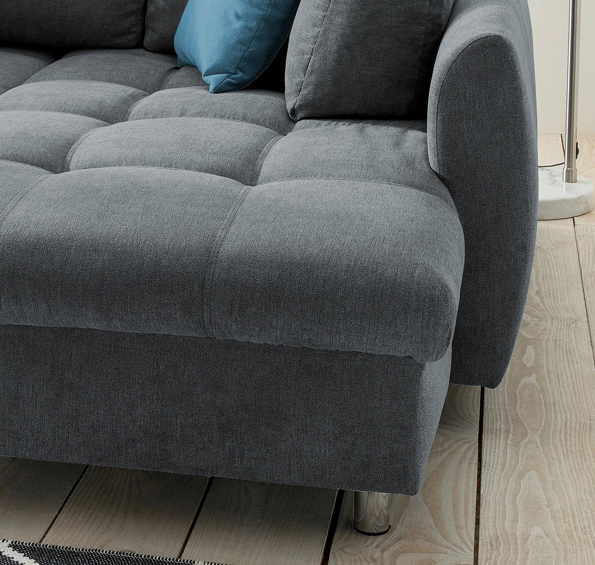 ECKSCHLAFSOFA in Mikrofaser Anthrazit  - Chromfarben/Blau, Modern, Textil/Metall (250/190cm) - Livetastic
