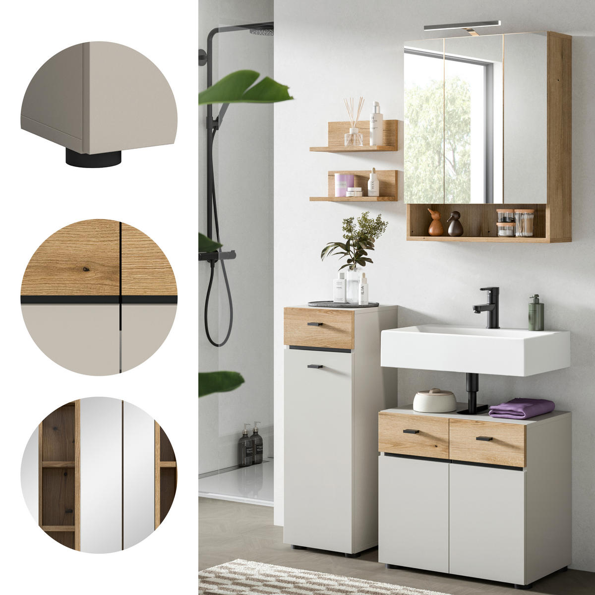 BADEZIMMER 4-teilig  in 92 cm  - Kaschmir/Eichefarben, Trend, Glas/Holzwerkstoff (92cm) - MID.YOU