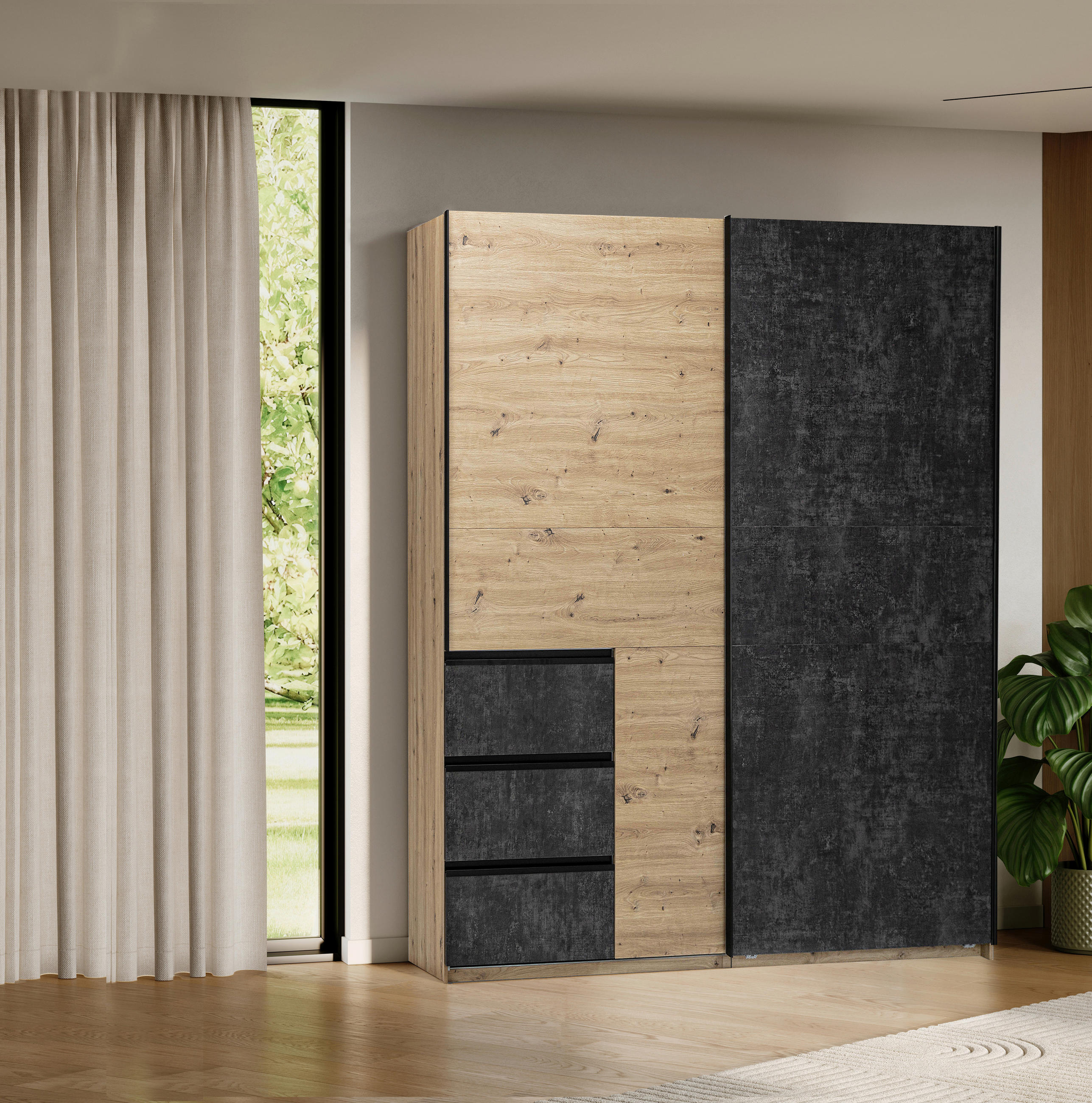 SCHIEBETÜRENSCHRANK 175/205/61,5 cm Taupe, Eiche Artisan  - Taupe/Schwarz, MODERN, Holzwerkstoff/Metall (175/205/61,5cm) - MID.YOU