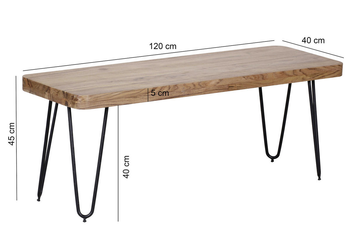 SITZBANK 120/45/40 cm Akaziefarben Akazie massiv Metall  - Schwarz/Akaziefarben, MODERN, Holz/Metall (120/45/40cm) - MID.YOU