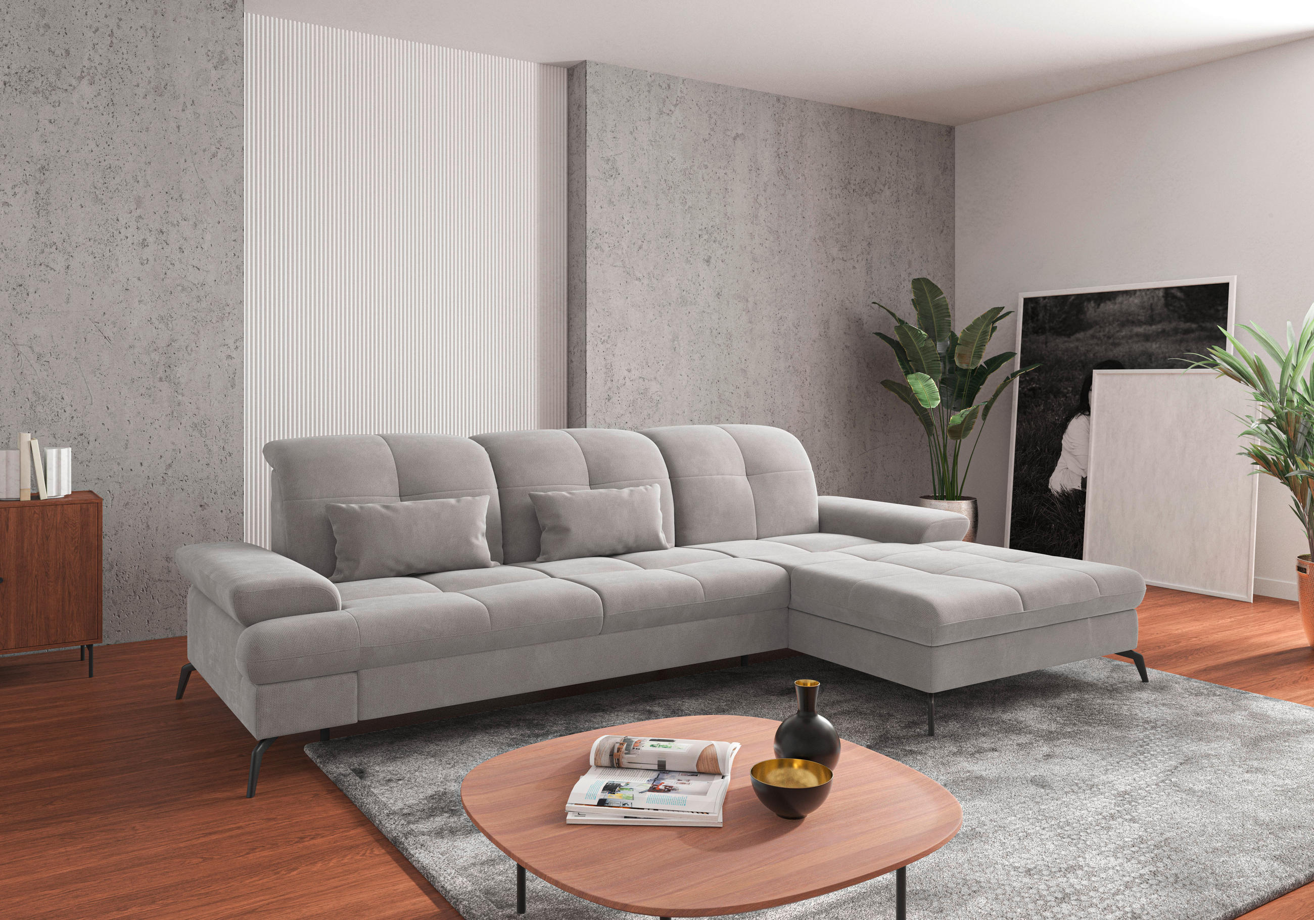 ECKSOFA Silberfarben Flachgewebe  - Silberfarben/Schwarz, KONVENTIONELL, Textil/Metall (279/185cm) - Sit & More