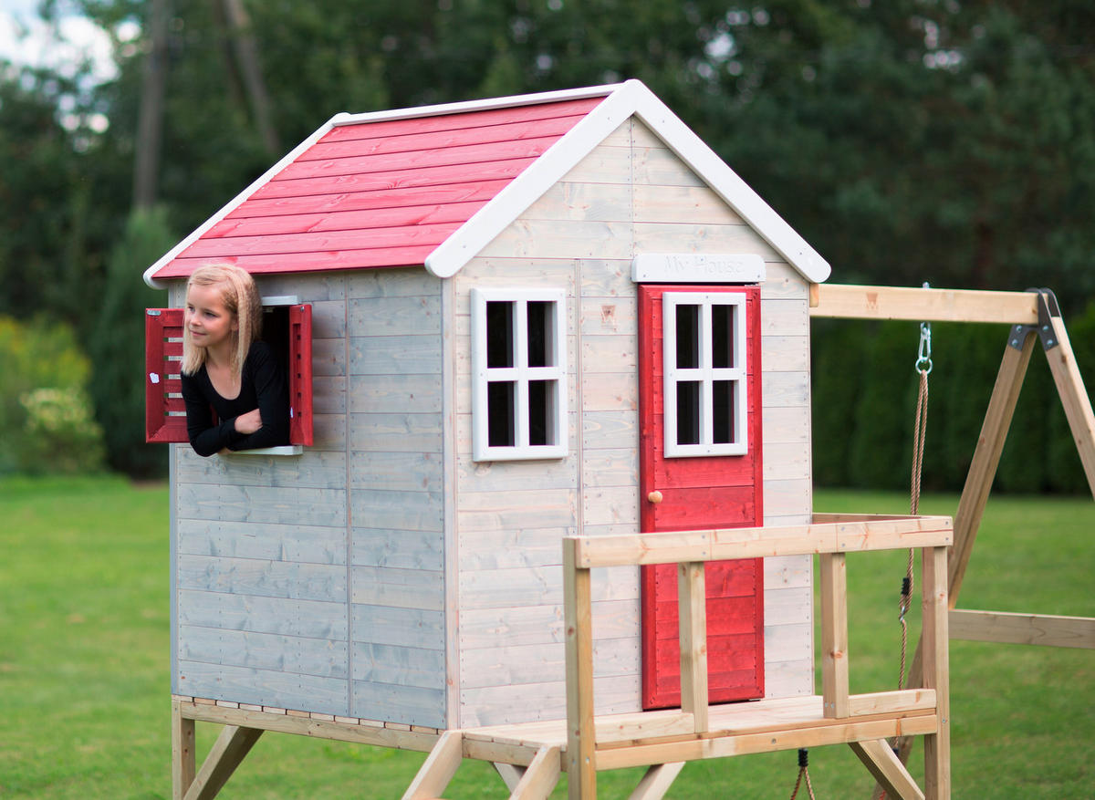 SPIELHAUS 350/242/192 cm  - Rot/Naturfarben, KONVENTIONELL, Holz (350/242/192cm) - Ambia Garden