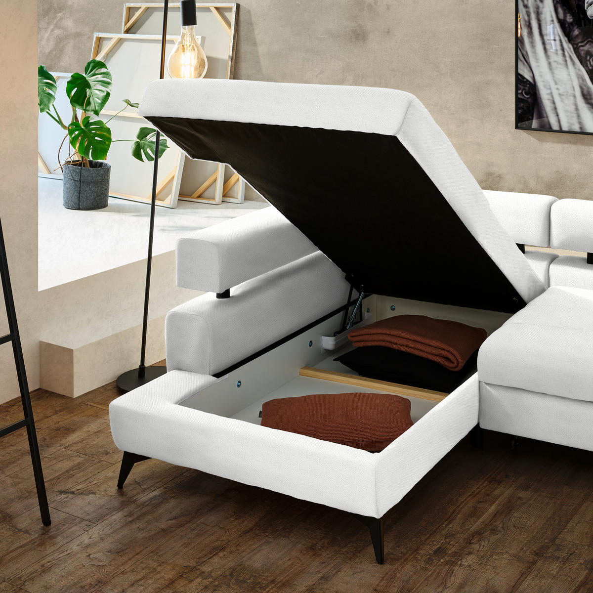 ECKSOFA in Chenille Weiss  - Weiss/Schwarz, Konventionell, Textil/Metall (184/265cm) - Hom`in