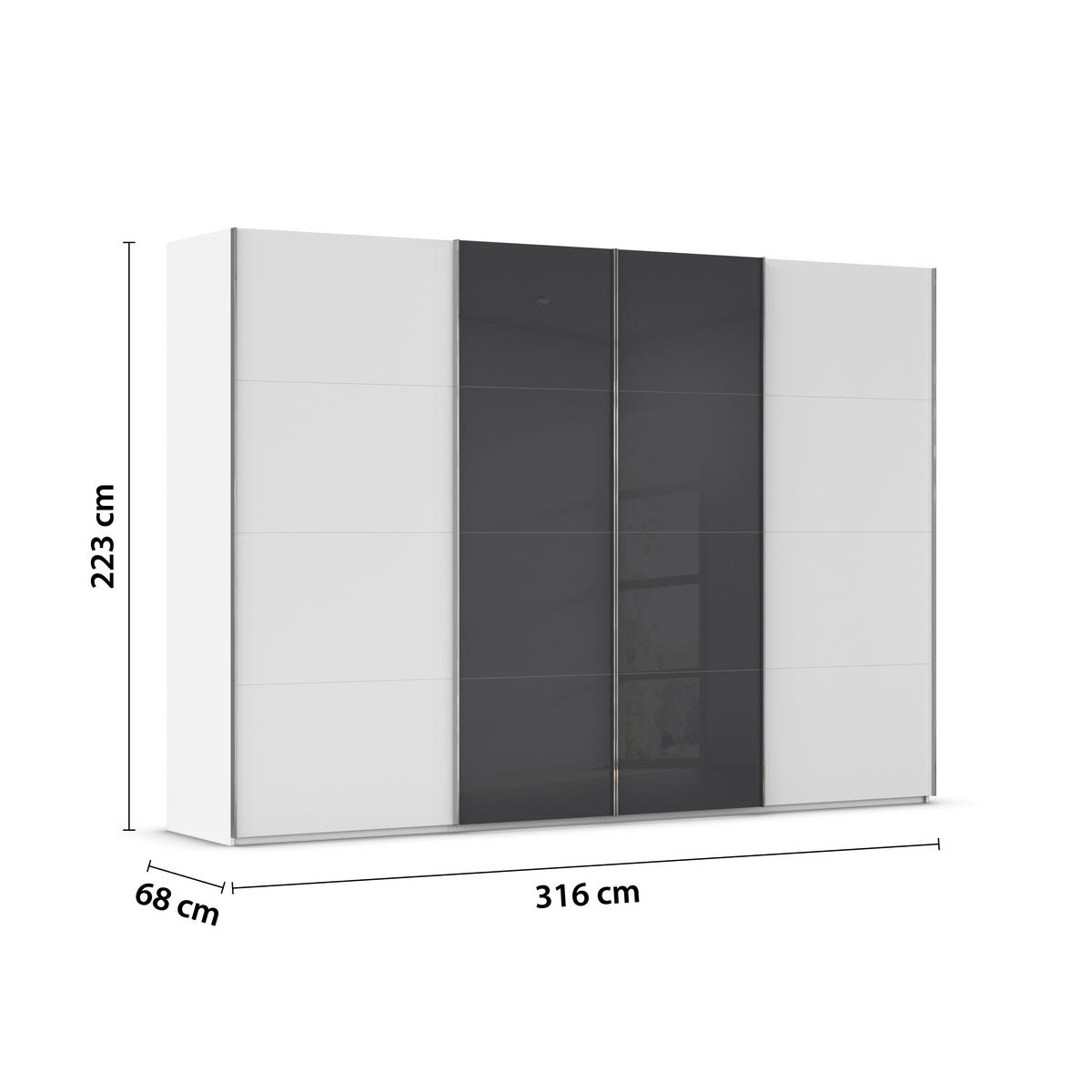 SCHWEBETÜRENSCHRANK 316/223/68 cm 4-türig Schwarz, Weiß  - Chromfarben/Schwarz, KONVENTIONELL, Glas/Holzwerkstoff (316/223/68cm) - Novel