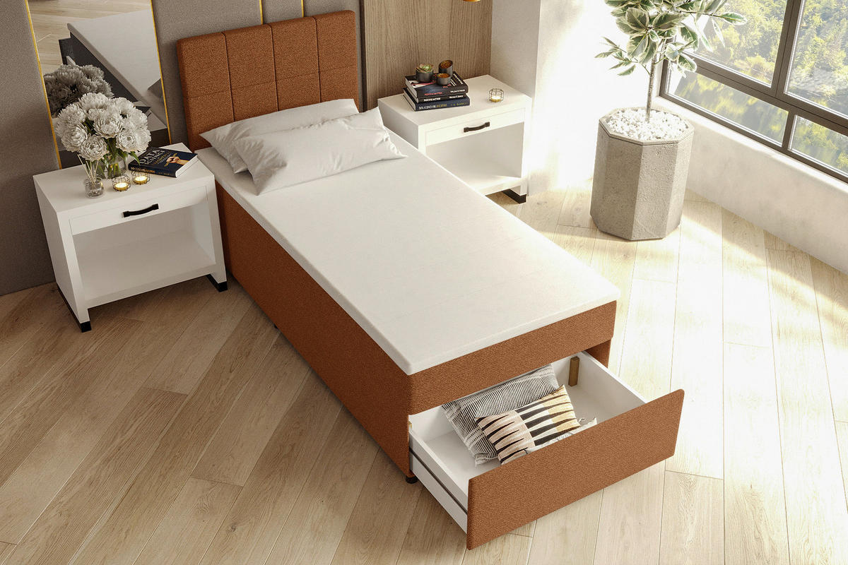 BOXBETT 90/200 cm,  in Rostfarben, Matratze, Topper, Bettschublade, H3 = fest  - Rostfarben/Schwarz, KONVENTIONELL, Kunststoff/Textil (90/200cm) - Boxxx