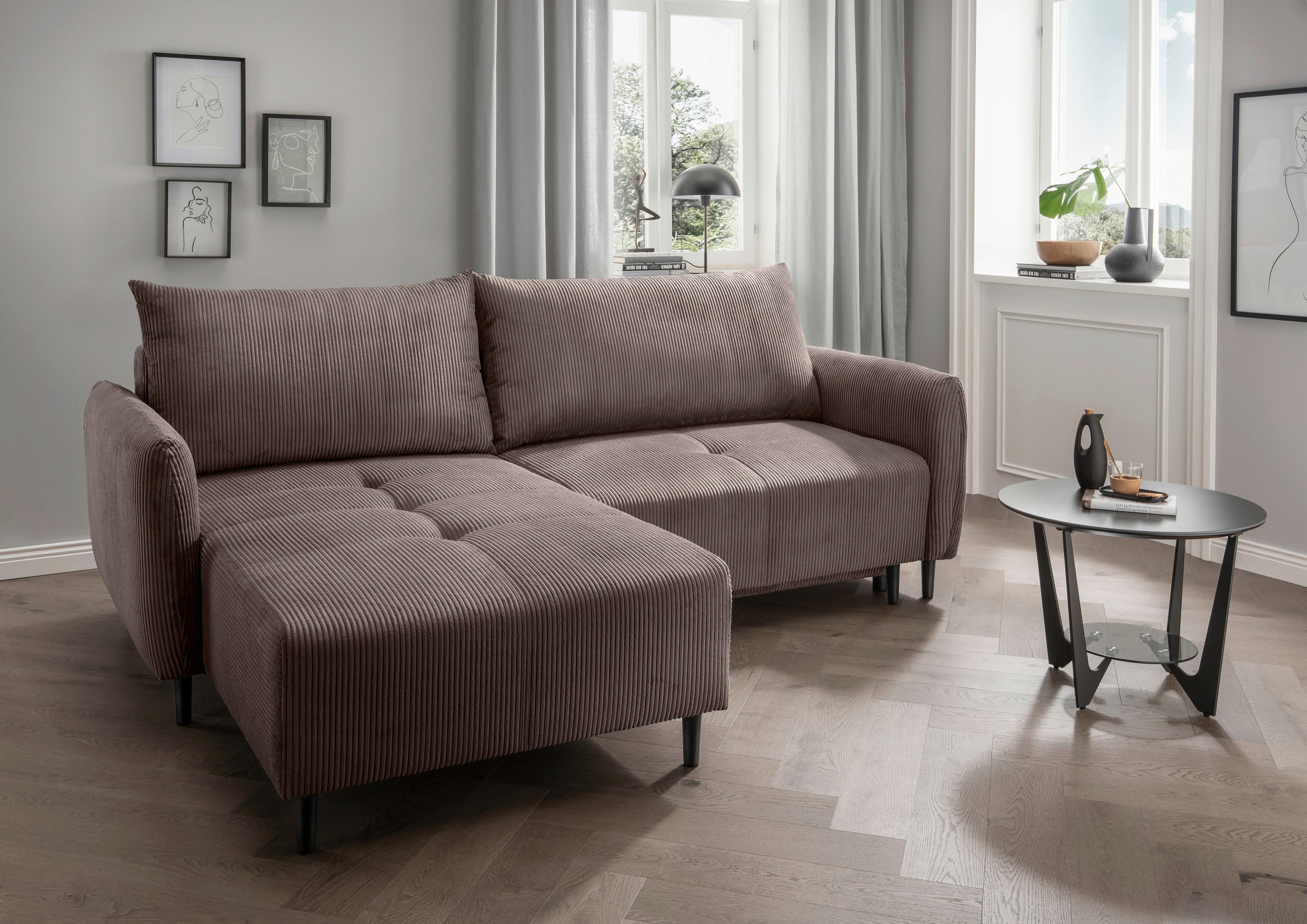 ECKSCHLAFSOFA in Cord Graubraun  - Graubraun/Schwarz, Basics, Holz/Textil (238/174cm) - Livetastic