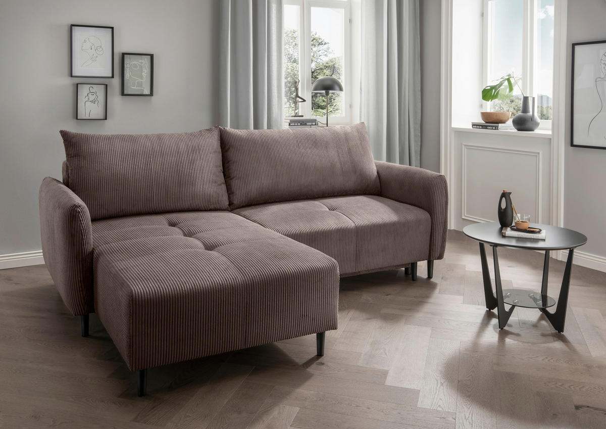 ECKSCHLAFSOFA in Cord Graubraun  - Graubraun/Schwarz, Basics, Holz/Textil (238/174cm) - Livetastic