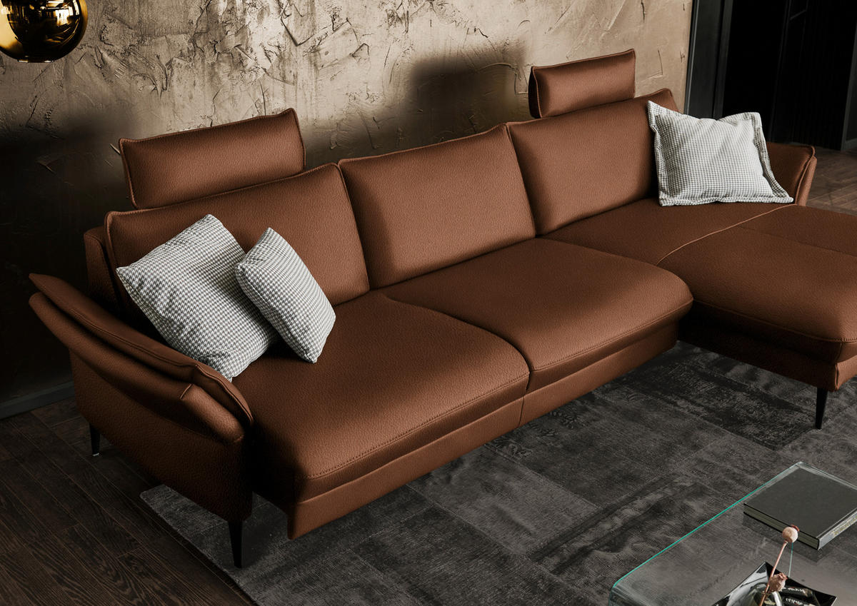 ECKSOFA in Echtleder Cognac  - Cognac/Schwarz, Design, Leder/Metall (334/172cm) - Hukla
