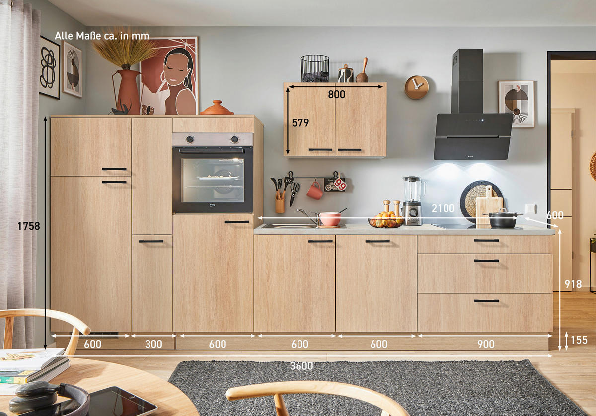 KÜCHENBLOCK PN 100 360 cm  in Eichefarben, Beigebraun  - Eichefarben/Beigebraun, Design, Holzwerkstoff/Metall (360cm) - Pino