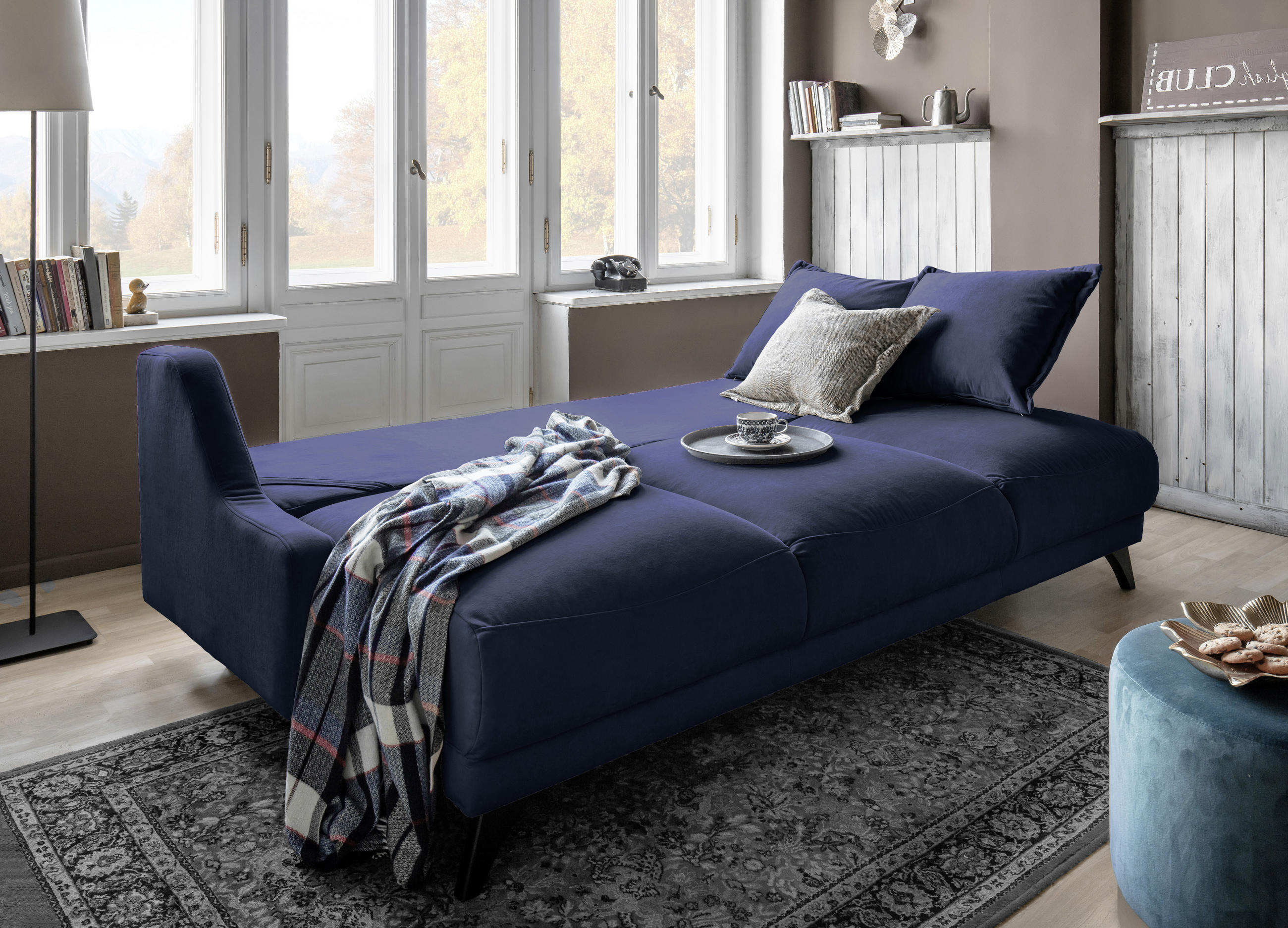 3-SITZER-SOFA Velours Dunkelblau - Schwarz/Dunkelblau, Basics, Holz/Holzwerkstoff (223/92/93cm) - MID.YOU