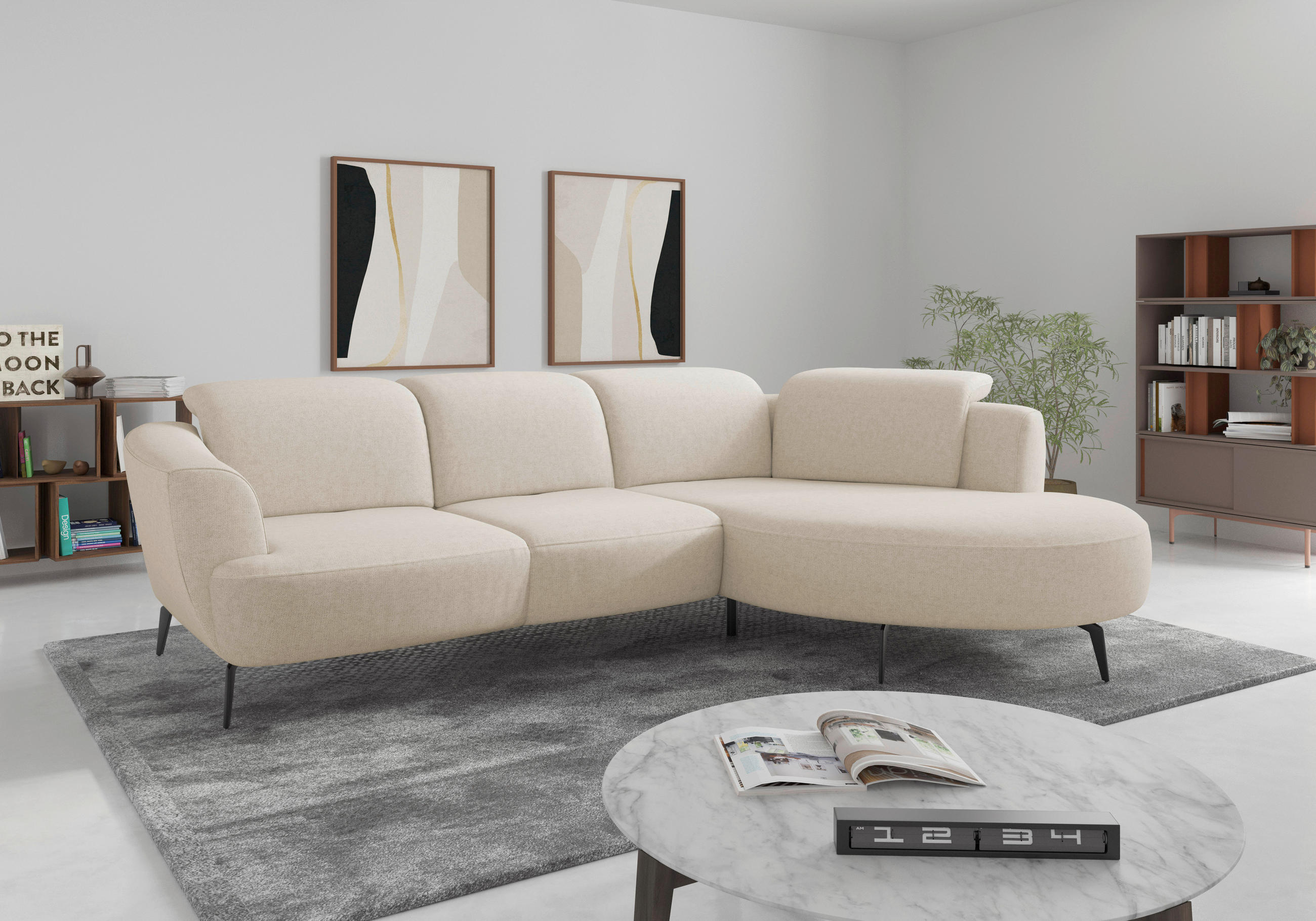ECKSOFA ZOE E in Flachgewebe Creme  309/199 cm  - Creme/Schwarz, KONVENTIONELL, Textil/Metall (309/199cm) - Sit & More