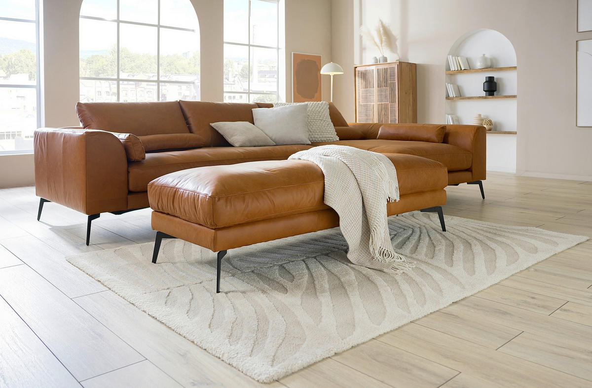 HOCKER BERLIN Echtleder Cognac  - Cognac/Schwarz, Design, Leder/Metall (163/46/62cm) - Livetastic