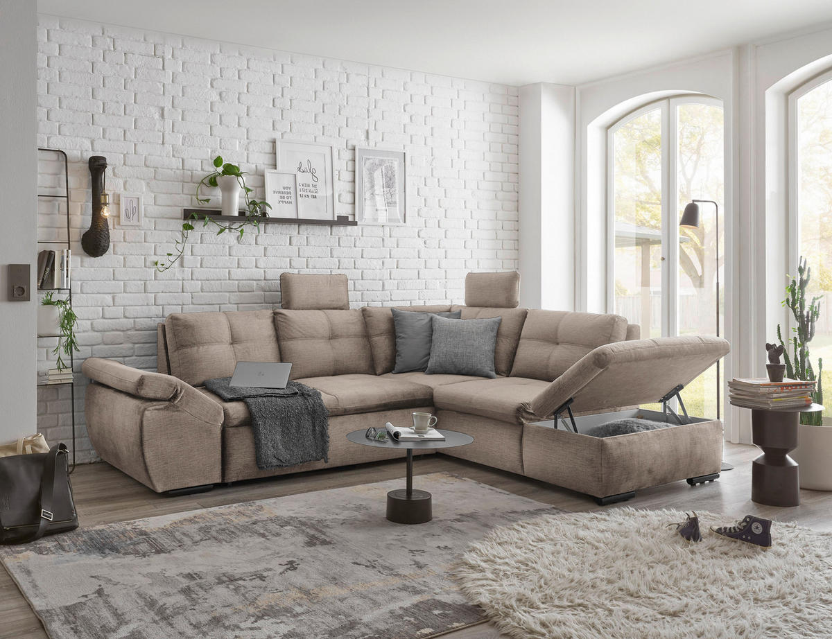 ECKSOFA in Mikrovelours Creme  - Creme/Schwarz, Konventionell, Kunststoff/Textil (265/217cm) - Carryhome