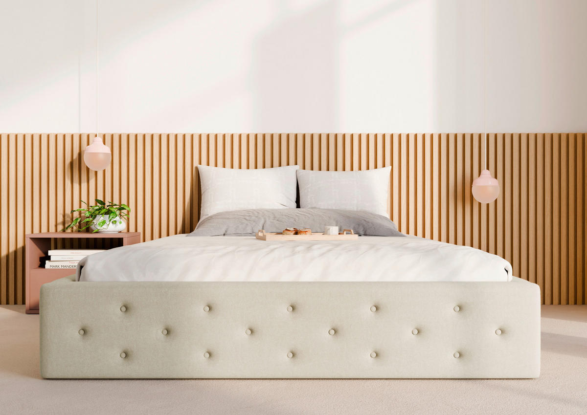 POLSTERBETT 140/200 cm,  in Beige, Lattenrost, Bettkasten,  - Beige/Schwarz, Design, Holz/Textil (140/200cm) - Chameo