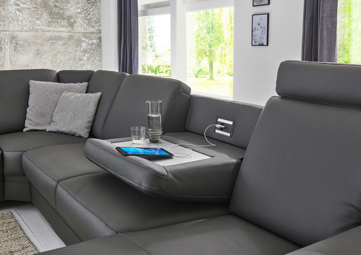 WOHNLANDSCHAFT in Echtleder Anthrazit  - Anthrazit/Alufarben, Konventionell, Leder/Metall (239/329/165cm) - Beldomo Premium