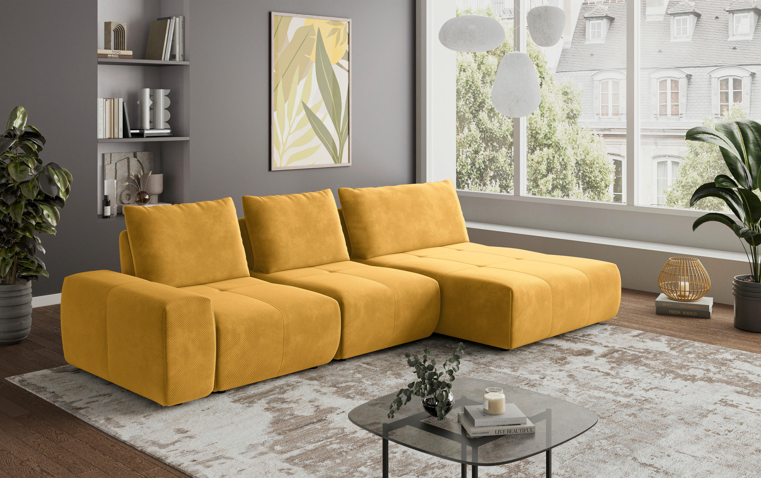 ECKSOFA in Velours Currygelb  347/174 cm  - Currygelb/Schwarz, Design, Kunststoff/Textil (347/174cm) - Xora