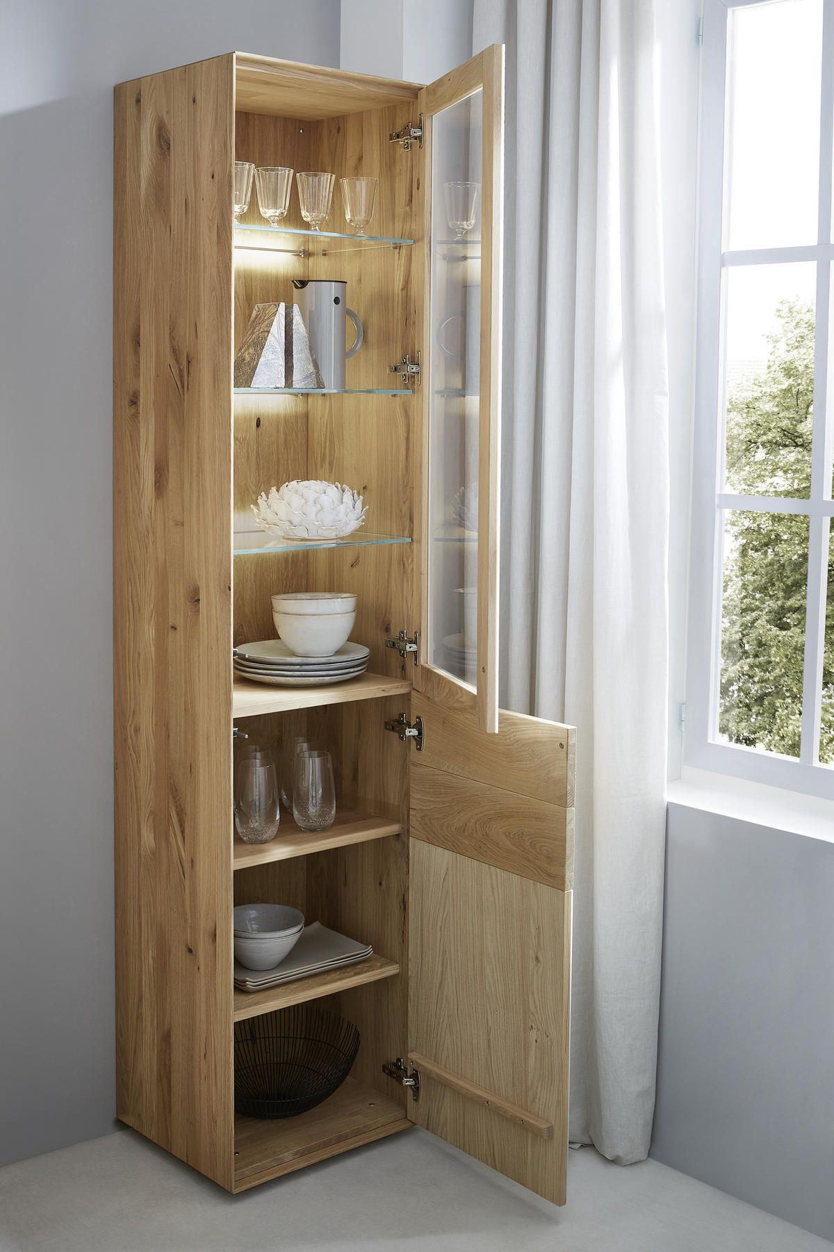 VITRINE in massiv Asteiche Weiß, Eichefarben  - Eichefarben/Weiß, Design, Glas/Holz (47/205,5/40cm) - Valnatura