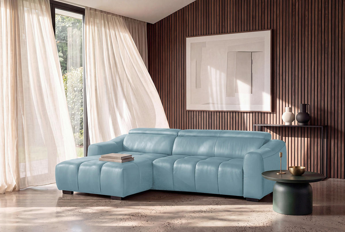 ECKSOFA AVEIRO Hellblau Echtleder Bettkasten, Kopfteilverstellung, Sitzvorzug  - Schwarz/Hellblau, Design, Leder/Kunststoff (177/274cm) - Livetastic