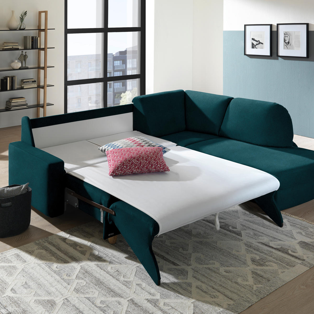 ECKSOFA  in Flachgewebe Petrol  227/208 cm  - Eichefarben/Rot, KONVENTIONELL, Holz/Textil (227/208cm) - Sedda