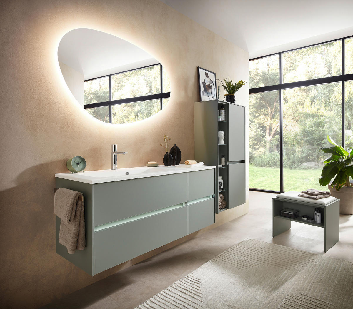 BADEZIMMER 3-teilig  in 113 cm  - Schilfgrün/Weiß, Design, Holzwerkstoff/Stein (113cm) - Sadena