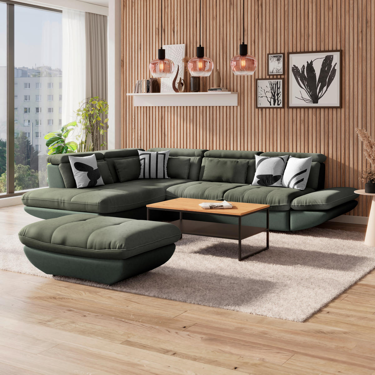 WOHNLANDSCHAFT Dunkelgrün, Hellgrün Webstoff  - Dunkelgrün/Schwarz, MODERN, Kunststoff/Textil (233/311cm) - MID.YOU