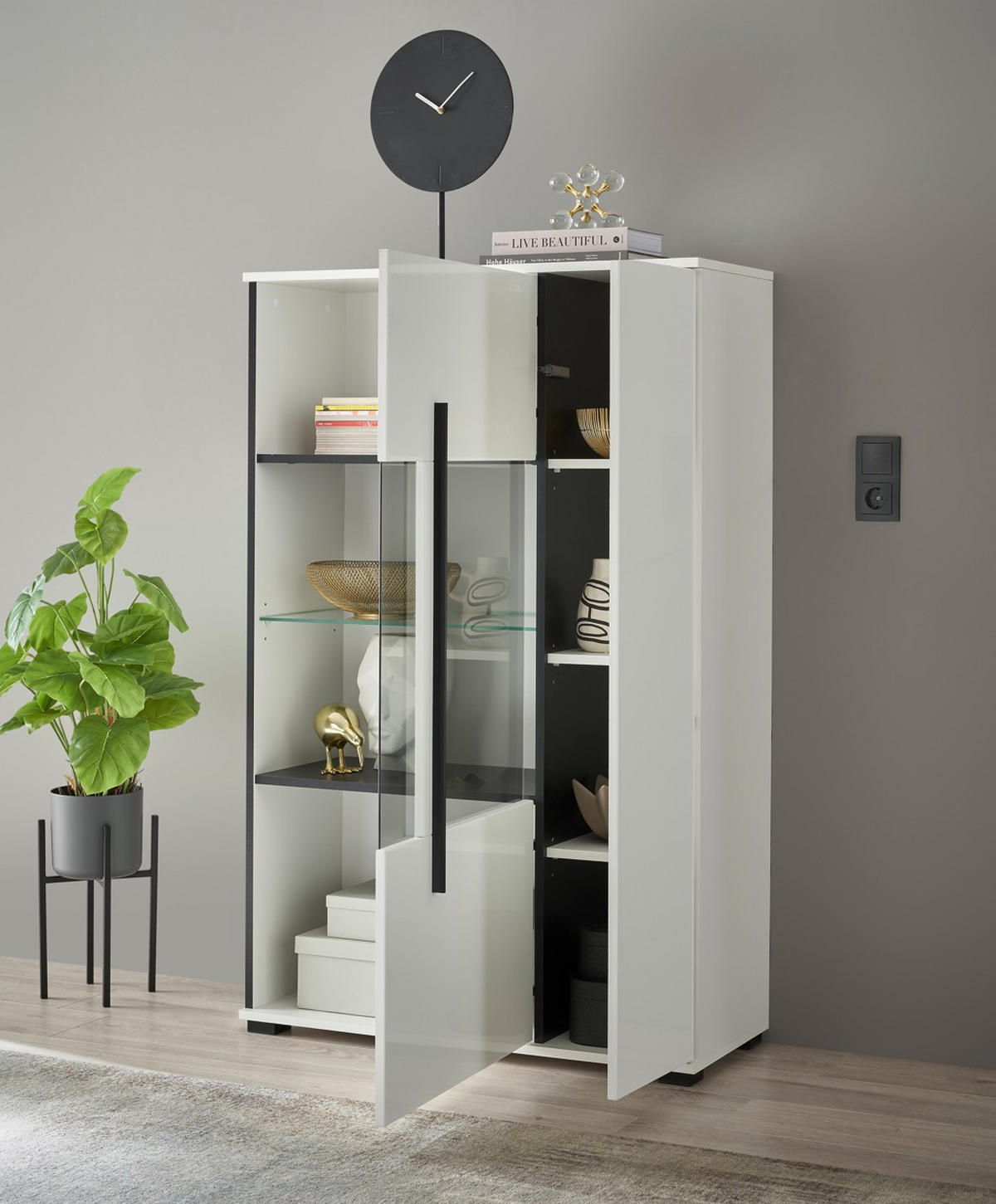 VITRINE  in Weiß Hochglanz  - Weiß Hochglanz/Schwarz, Design, Glas/Holzwerkstoff (90/140/37cm) - Livetastic