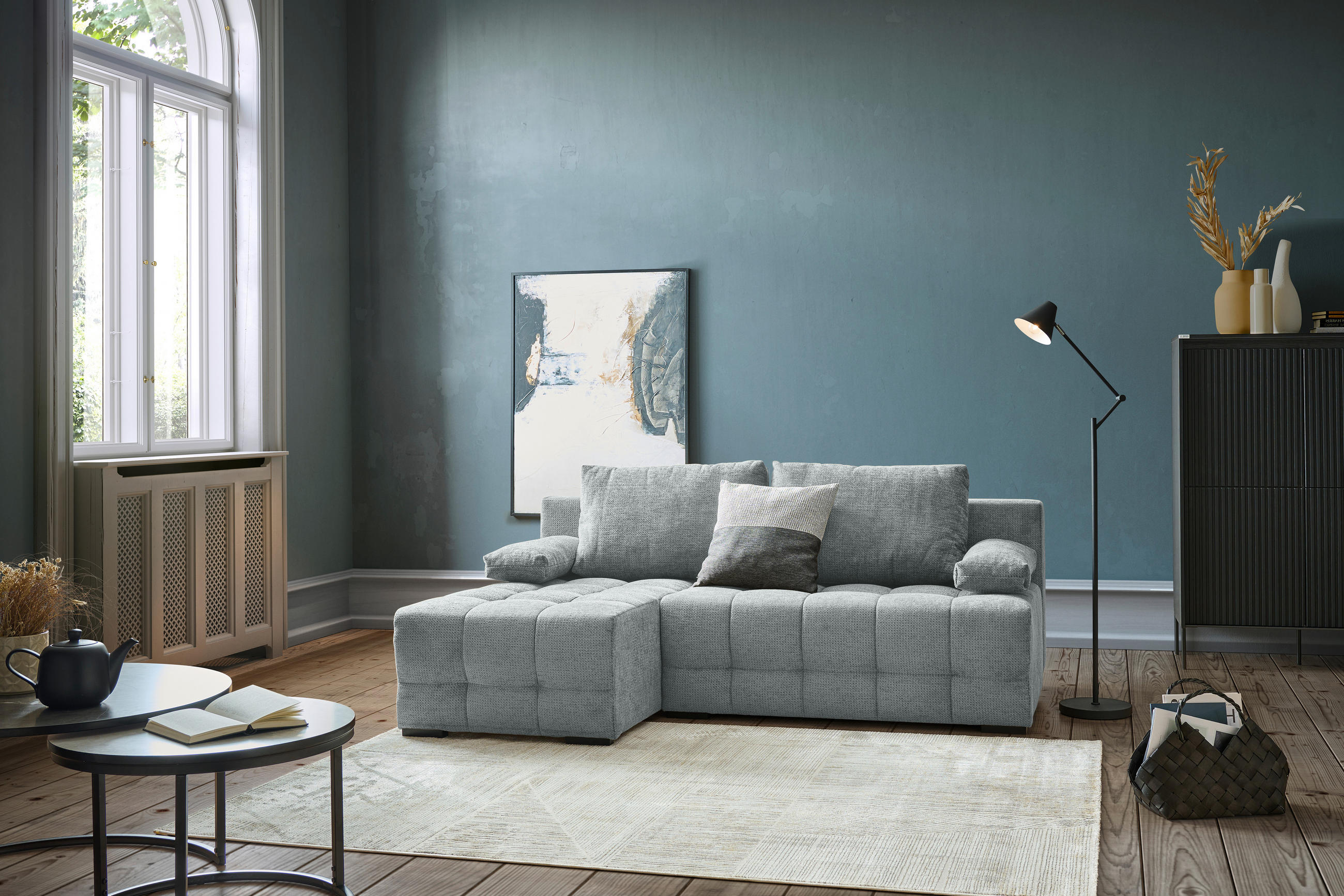 ECKSOFA Grau Chenille  - Schwarz/Grau, MODERN, Kunststoff/Textil (145/204cm) - home24