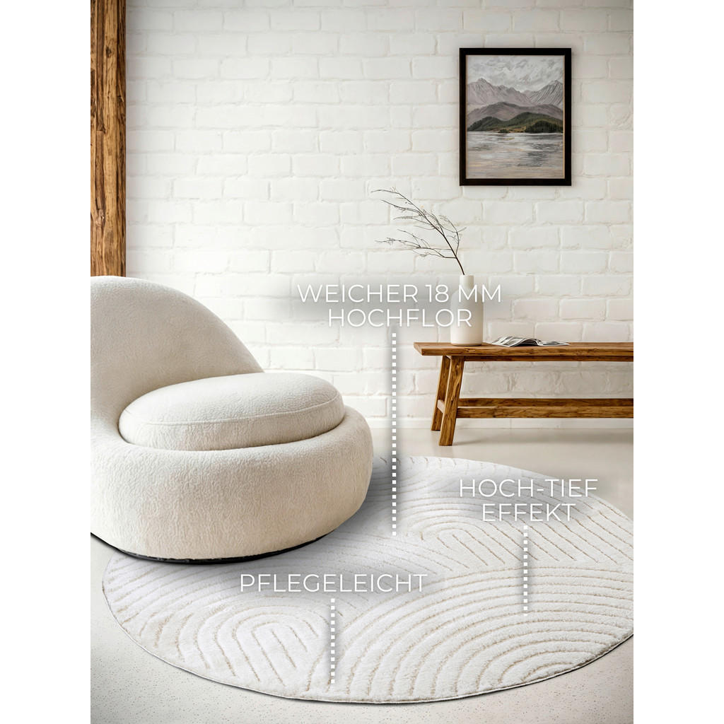 Thumbnail - Elle Decoration Hochflorteppich New York, Weiß, Textil, Wellen, rund, Oeko-Tex® Standard 100, für Fußbodenheizung geeign...