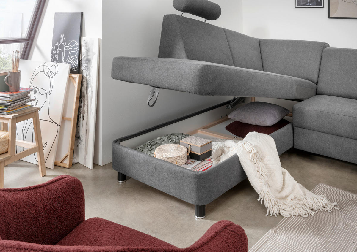 WOHNLANDSCHAFT in Webstoff Dunkelgrau  - Dunkelgrau/Schwarz, Design, Holz/Textil (165/296/198cm) - Xora