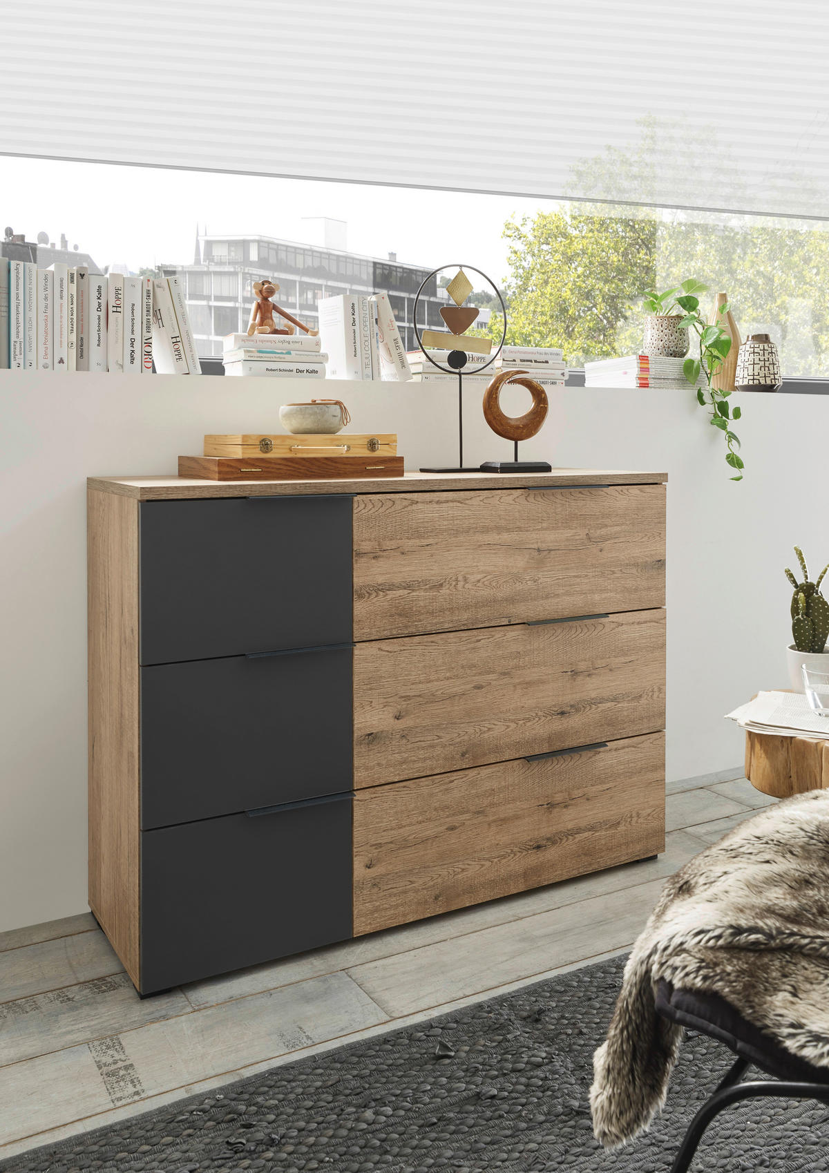 KOMODA,  - barve hrasta/barve grafita, Design, leseni material (120/89/40cm) - Hom`in