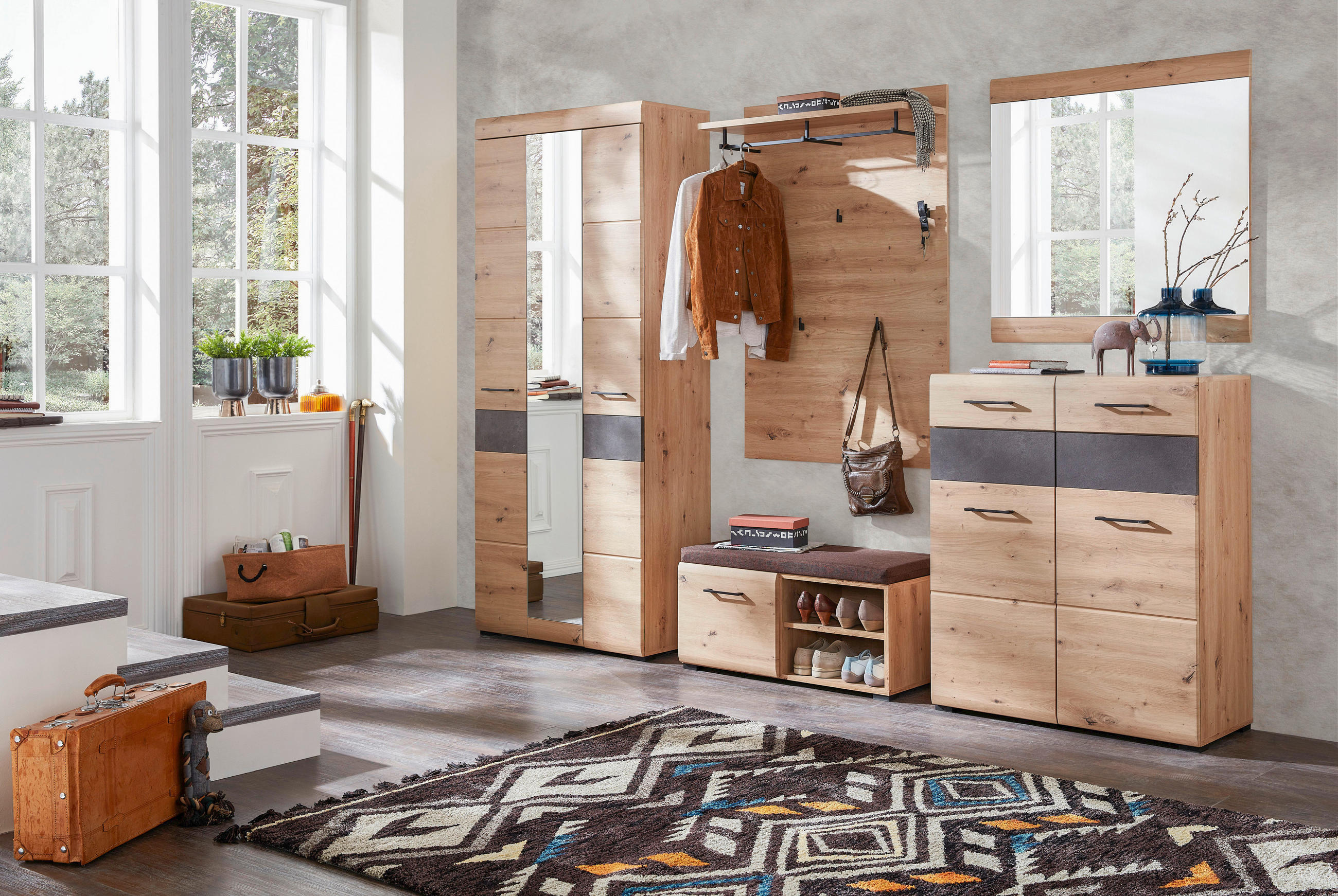 GARDEROBE 6-teilig in 282/201/40 cm - Eiche Artisan/Grau, Design, Glas/Holzwerkstoff (282/201/40cm) - Voleo