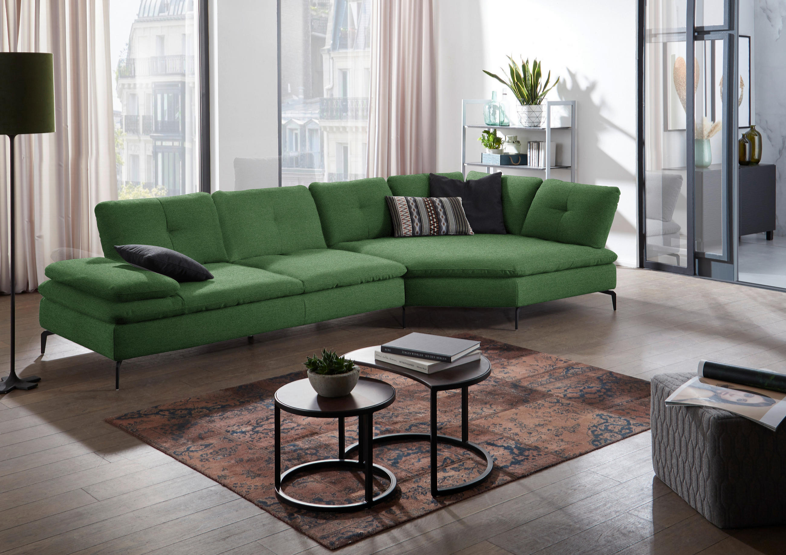 ECKSOFA in Flachgewebe Grün  - Schwarz/Grün, Design, Textil/Metall (344/157cm) - Chilliano