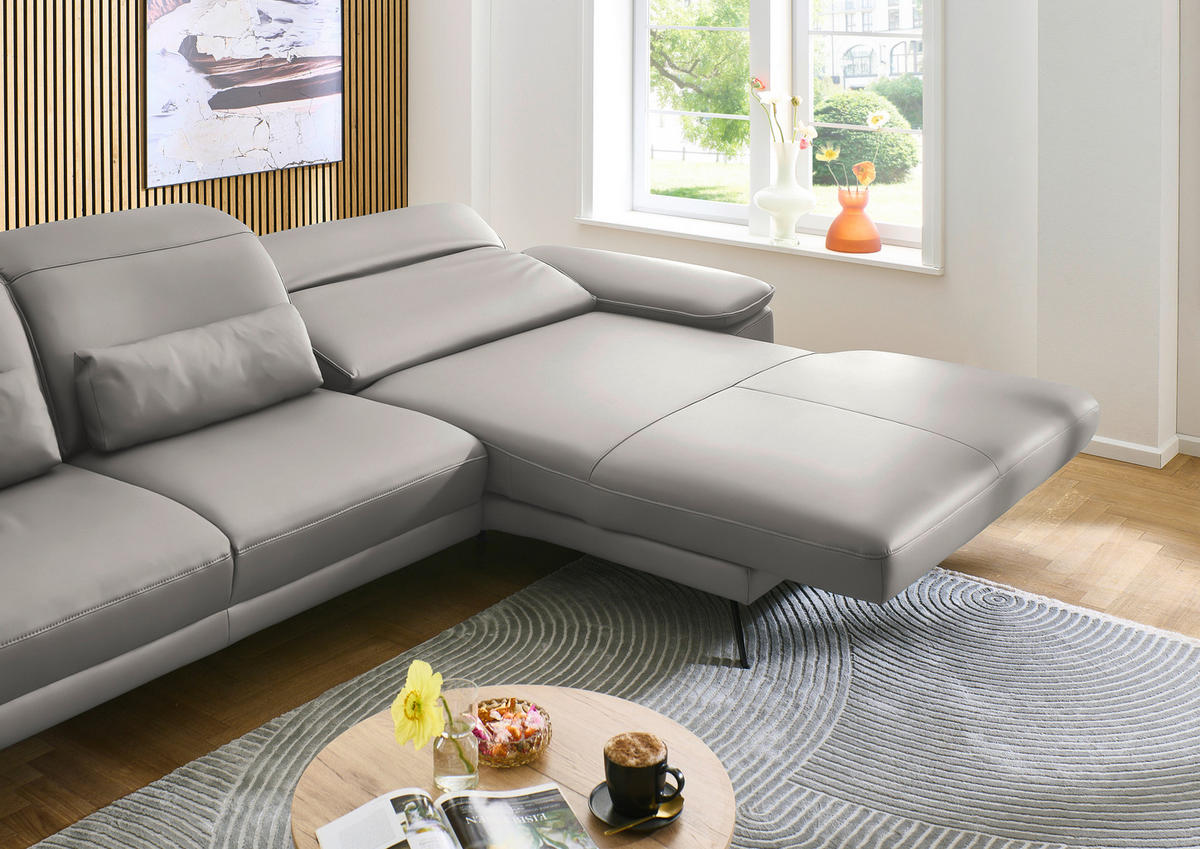 ECKSOFA in Echtleder Hellgrau  - Hellgrau/Schwarz, Design, Leder/Metall (332/193cm) - Dieter Knoll