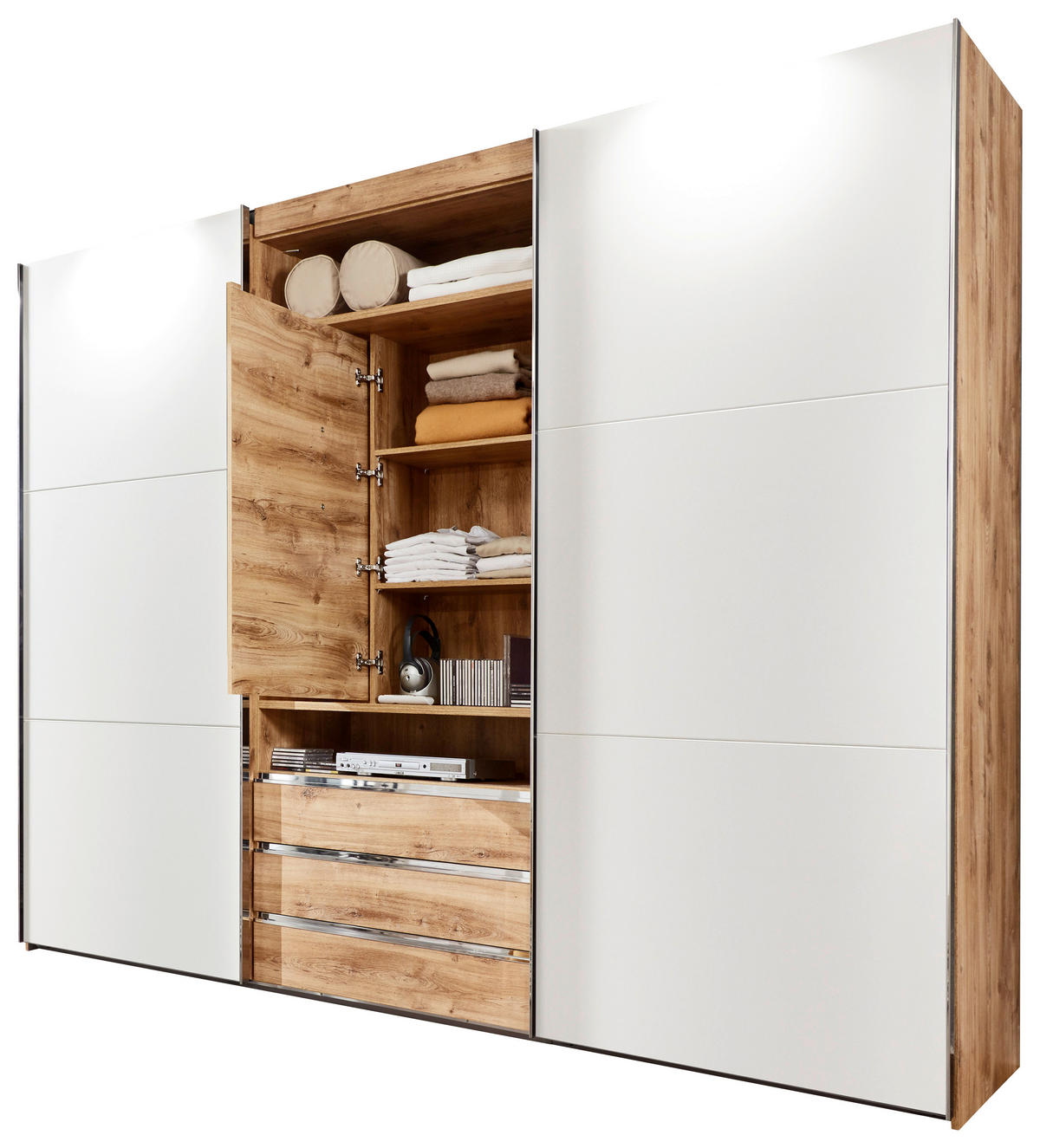 SCHWEBETÜRENSCHRANK in Weiss, Eichefarben  - Weiss/Edelstahlfarben, Modern, Holzwerkstoff/Metall (300/216/65cm) - MID.YOU