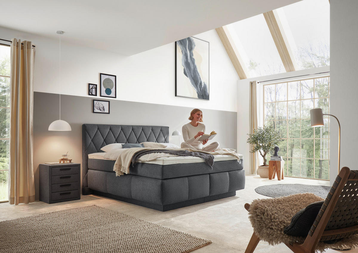 BOXSPRINGBETT 180/200 cm,  in Dunkelblau, Matratze, Topper, unterschiedliche Matratzenhärtegrade je Bettseite, H2 + H3 = mittel + fest  - Schwarz/Dunkelblau, KONVENTIONELL, Holz/Kunststoff (180/200cm) - Voleo