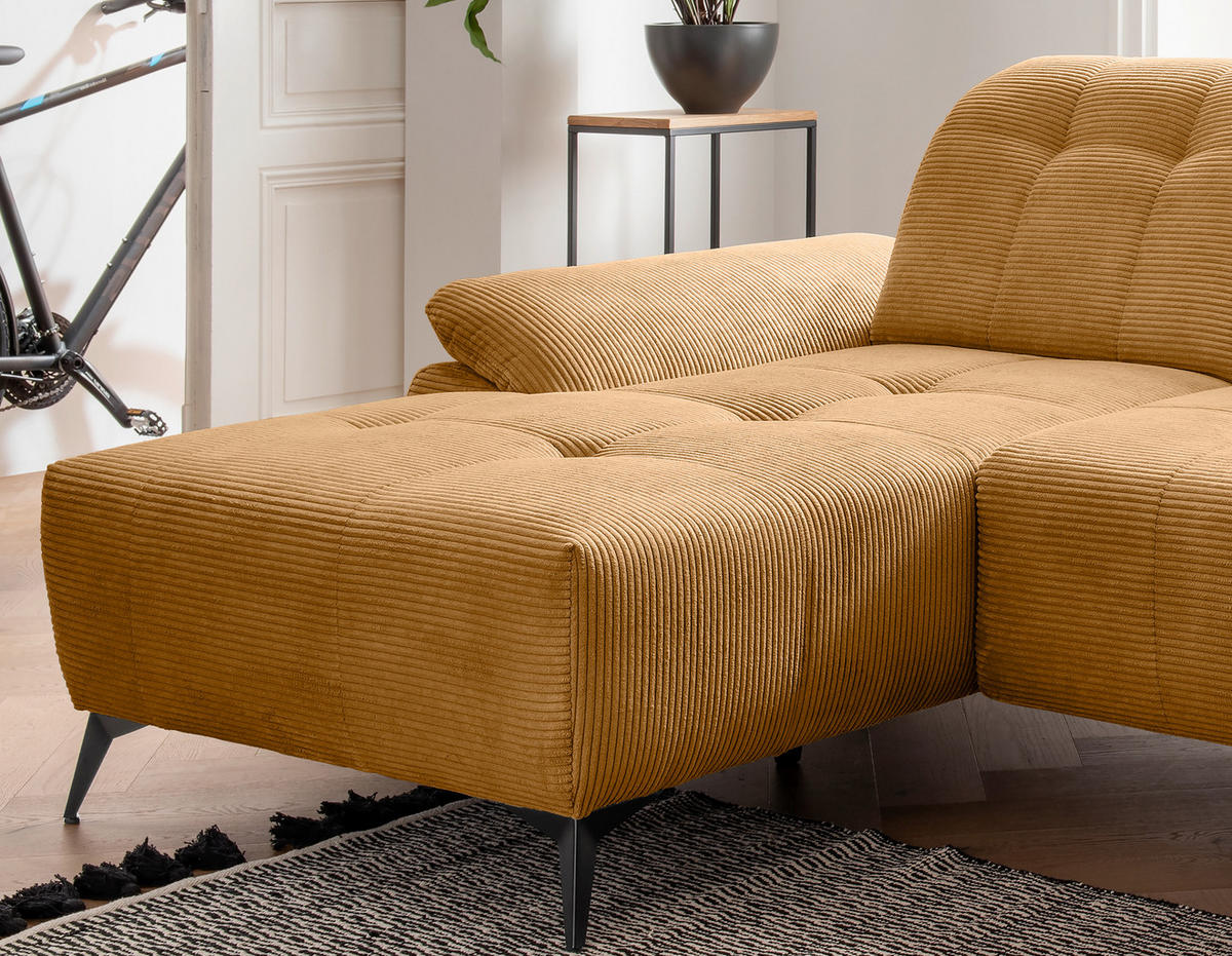 ECKSOFA FIORE in Cord Goldfarben Kopfteilverstellung, Sitzvorzug  180/280 cm  - Goldfarben/Schwarz, MODERN, Textil/Metall (180/280cm) - Livetastic