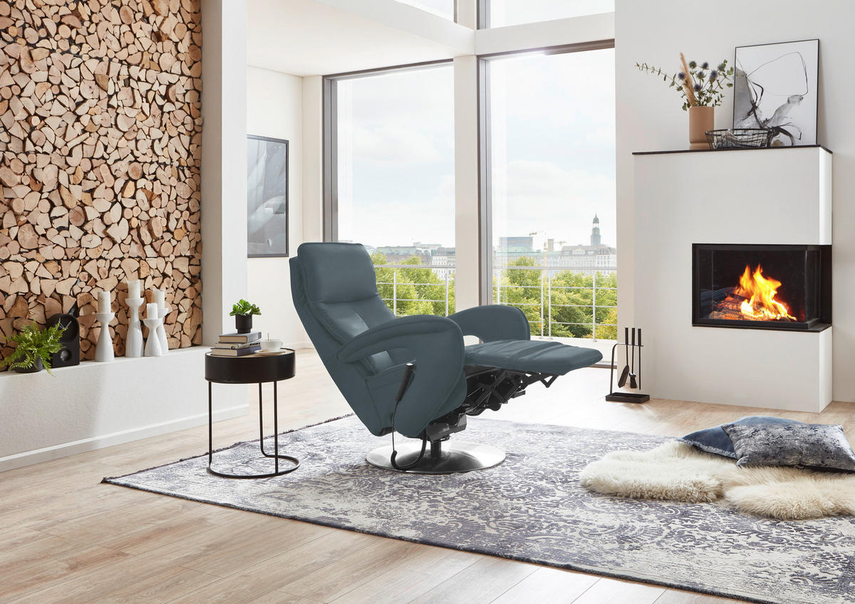 RELAXSESSEL in Leder Graublau  - Chromfarben/Graublau, Design, Leder/Metall (77/110/87cm) - Valdera