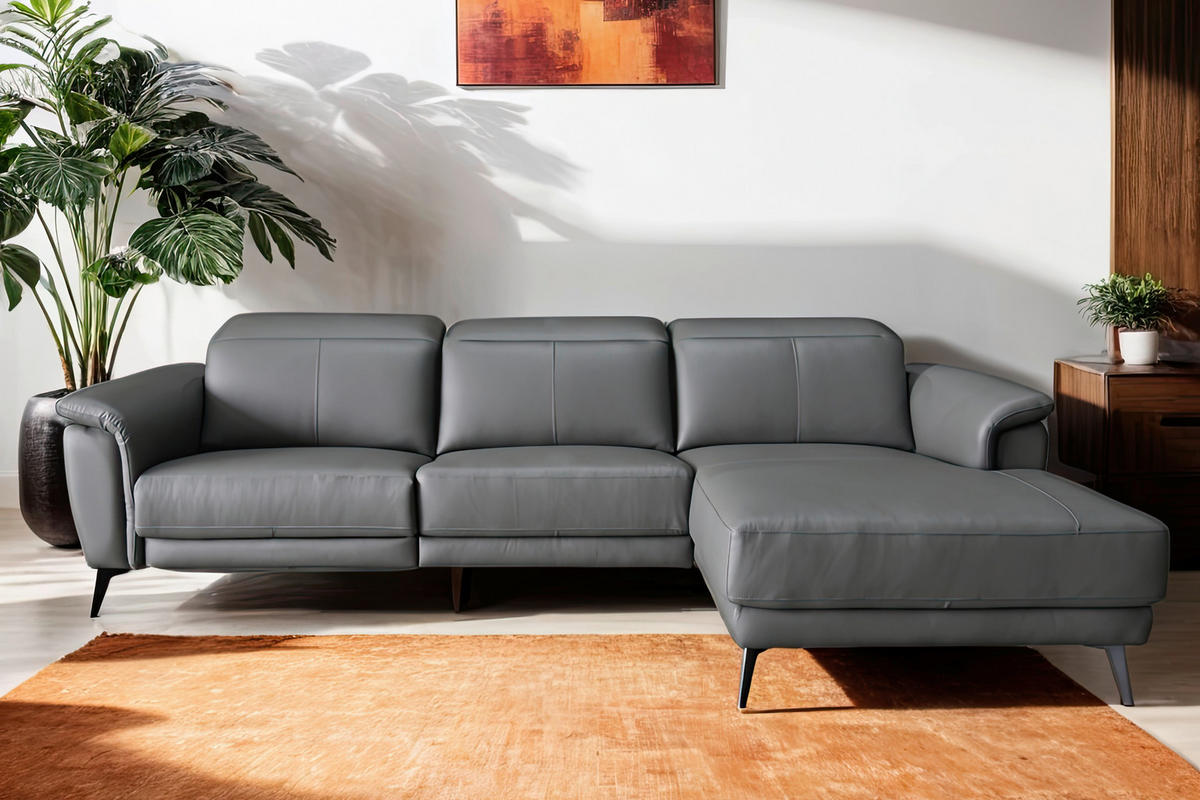 ECKSOFA Grau Echtleder  - Schwarz/Grau, MODERN, Leder/Holz (276/174cm) - Livetastic