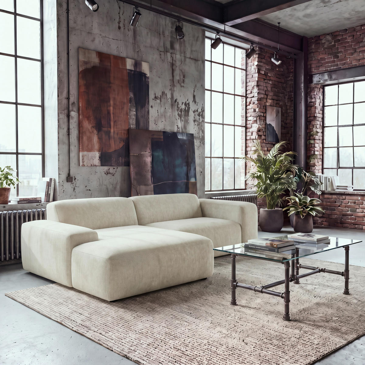 ECKSOFA HANNAH Beige Cord  - Beige/Schwarz, Design, Kunststoff/Textil (170/252cm) - MID.YOU