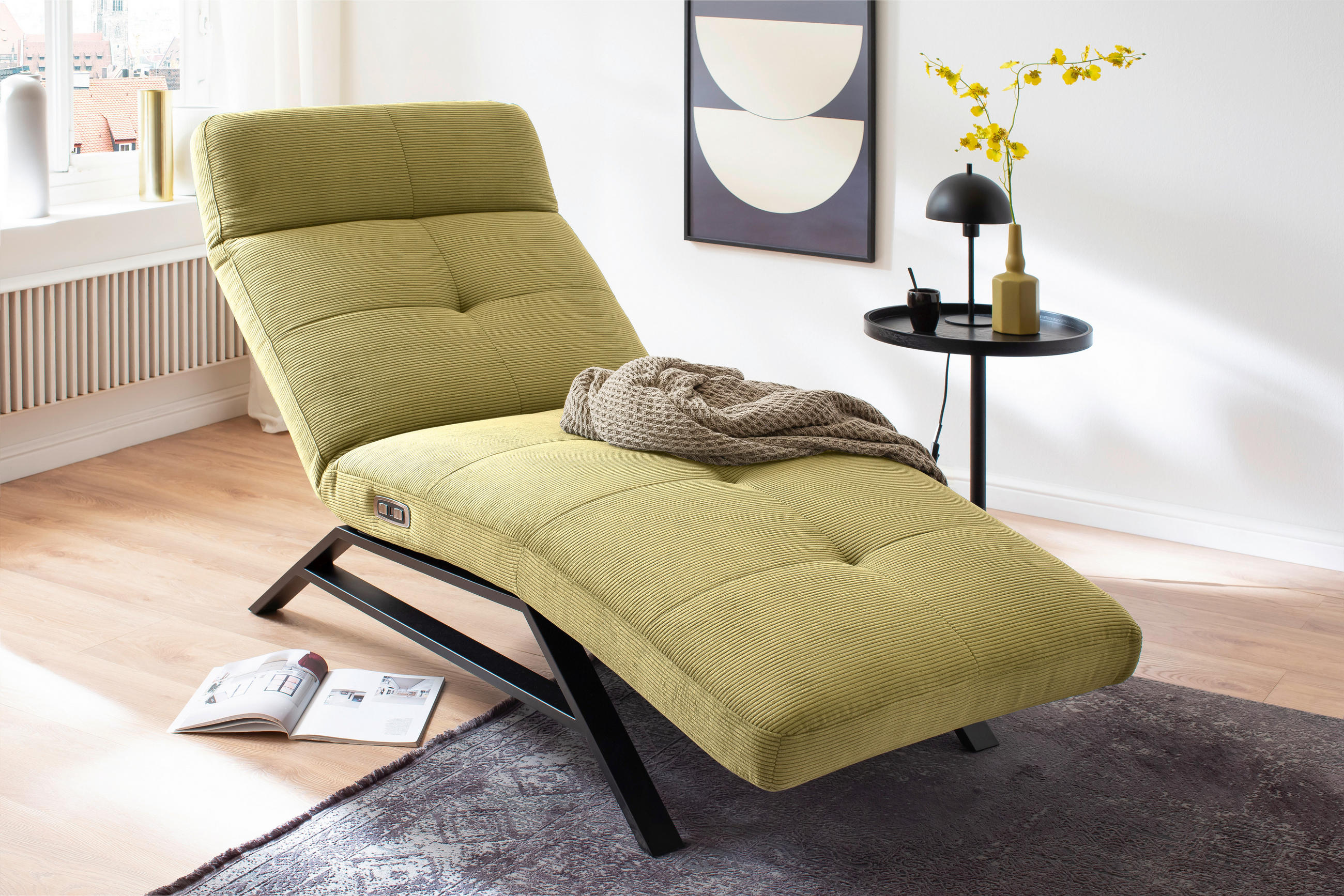 RELAXLIEGE in Cord Hellgrün  - Schwarz/Hellgrün, Design, Textil/Metall (80/54-113/158-198cm) - Pure Home Lifestyle