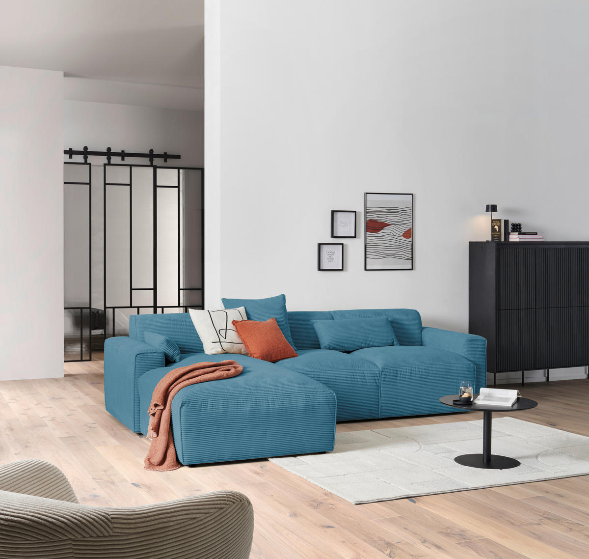 ECKSOFA in Cord Hellblau  - Schwarz/Hellblau, Design, Kunststoff/Textil (196/303cm) - Livetastic