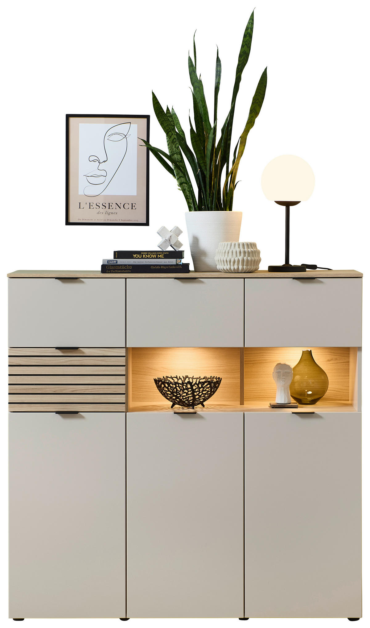 FÉLMAGAS SZEKRÉNY 125/125/45 cm  - kasmírszínű/tölgyfa színű, Modern, faalapú anyag/fém (125/125/45cm) - Hom`in