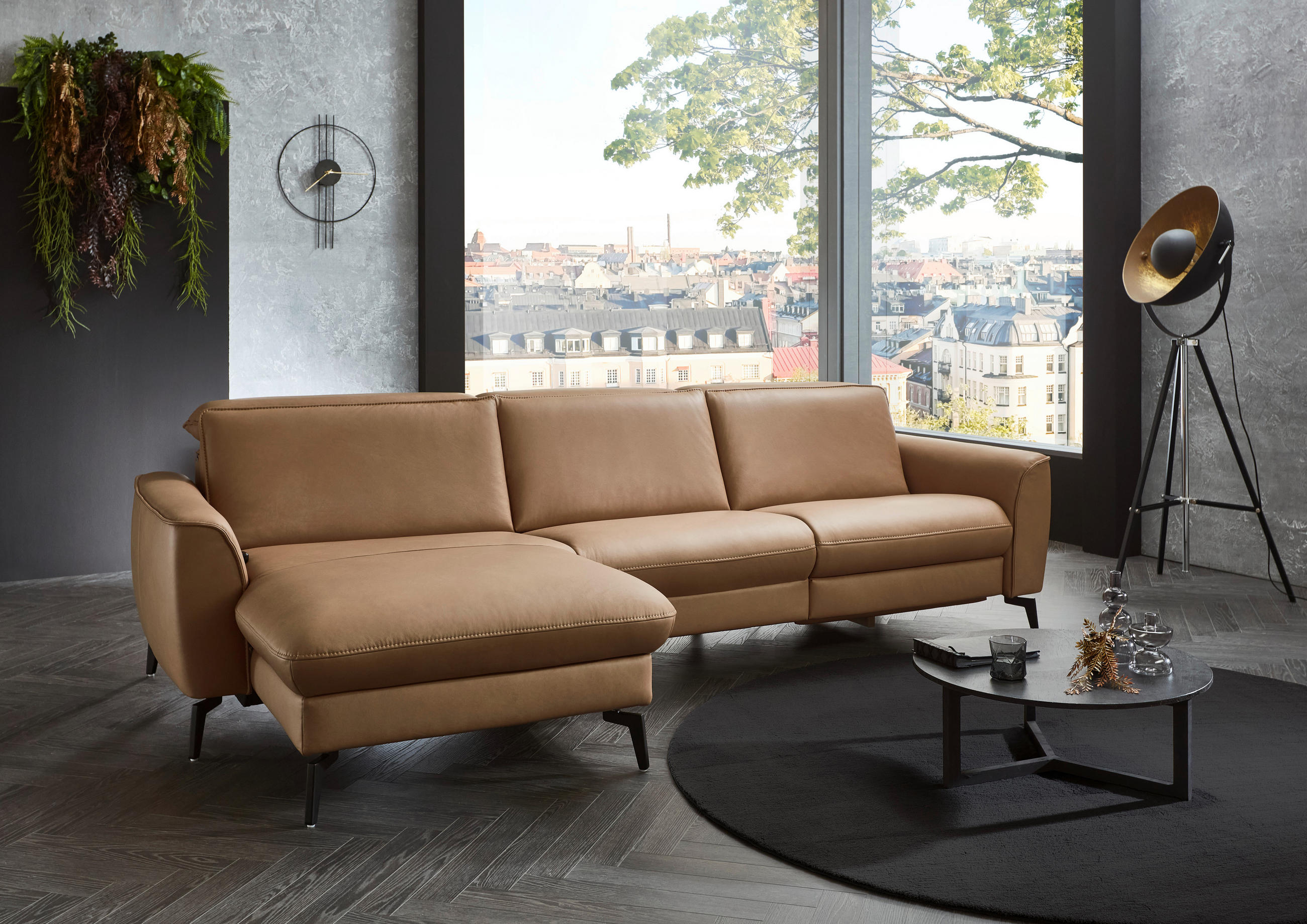 ECKSOFA in Echtleder Haselnussfarben  - Schwarz/Haselnussfarben, Natur, Leder/Metall (168/281cm) - Valdera