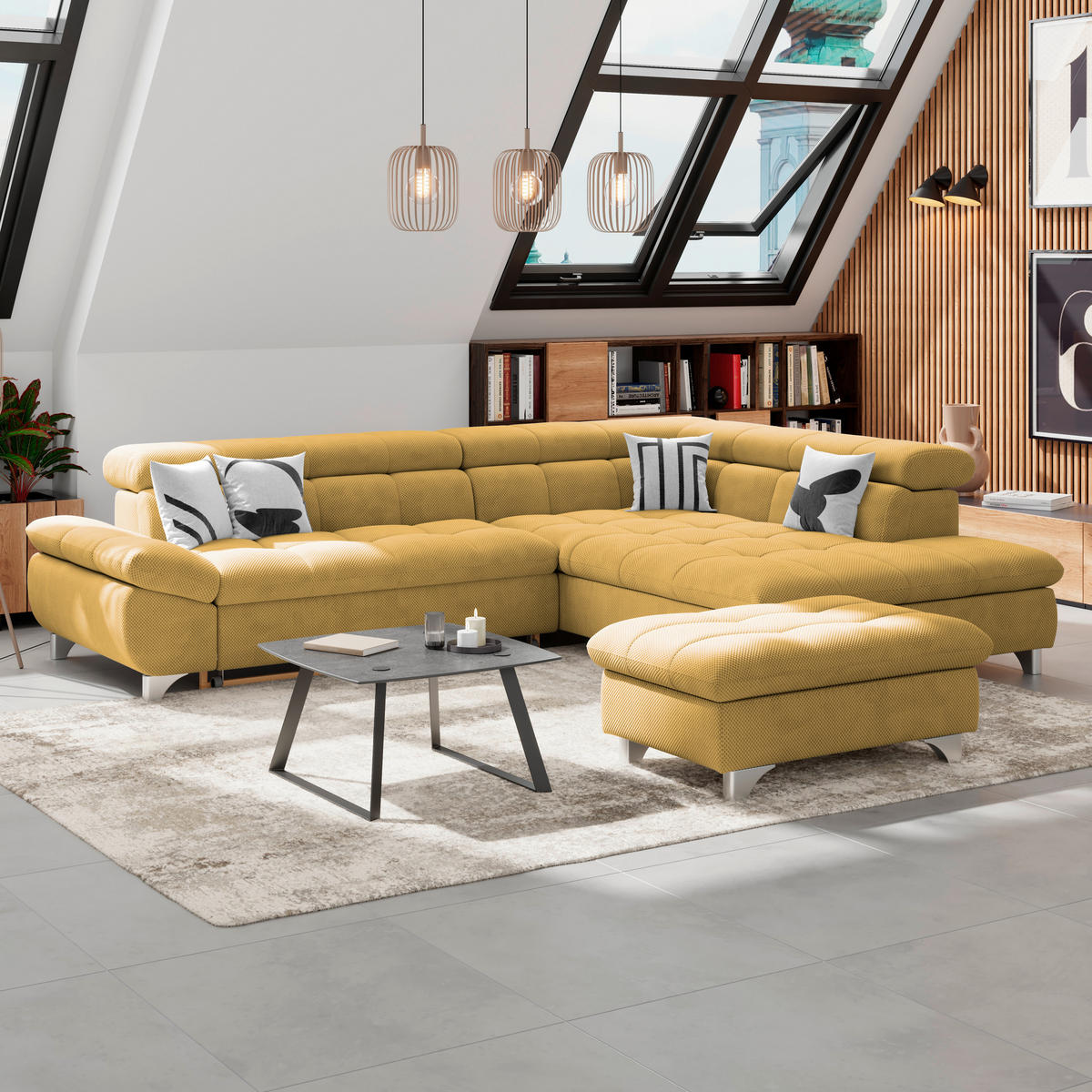 ECKSOFA Senfgelb Chenille  - Chromfarben/Senfgelb, KONVENTIONELL, Textil/Metall (312/234cm) - Livetastic