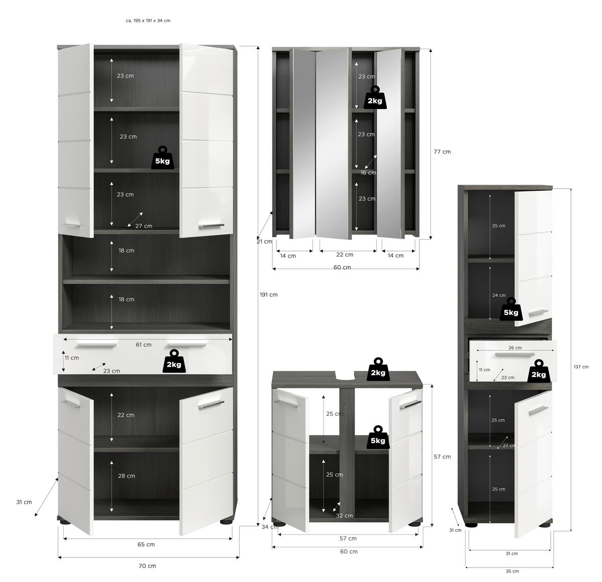 BADEZIMMER 4-teilig  in 195 cm  - Weiß Hochglanz/Silberfarben, Trend, Glas/Holzwerkstoff (195cm) - MID.YOU