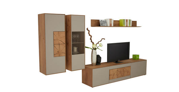 WOHNWAND Kerneiche vollmassiv Eichefarben, Fango - Fango/Eichefarben, Design, Glas/Holz (343/188/49cm) - Valnatura