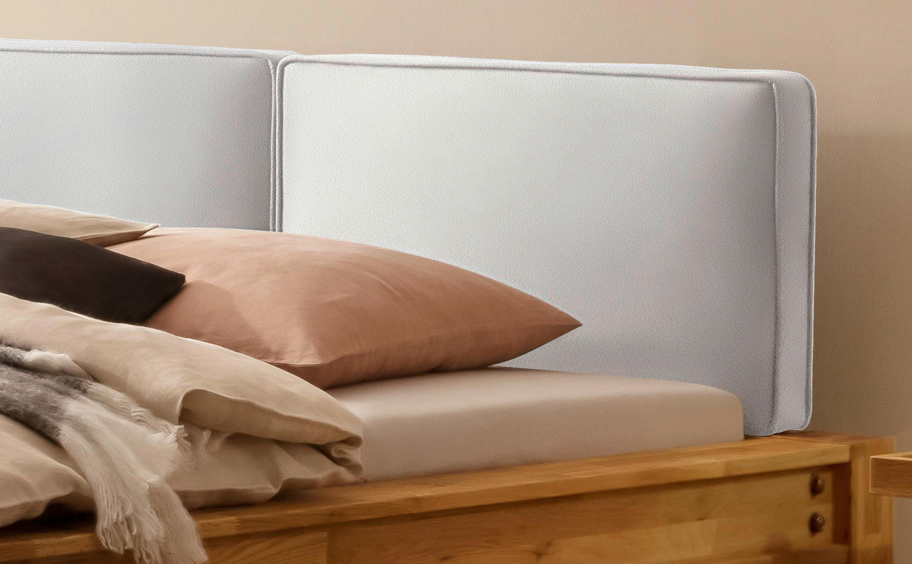 Thumbnail - Hasena Balkenbett, Weiß, Eiche, Holz, Textil, Eiche, massiv, Höhe ca. 22 cm, 160x200 cm, gepolstertes Kopfteil, in versc...