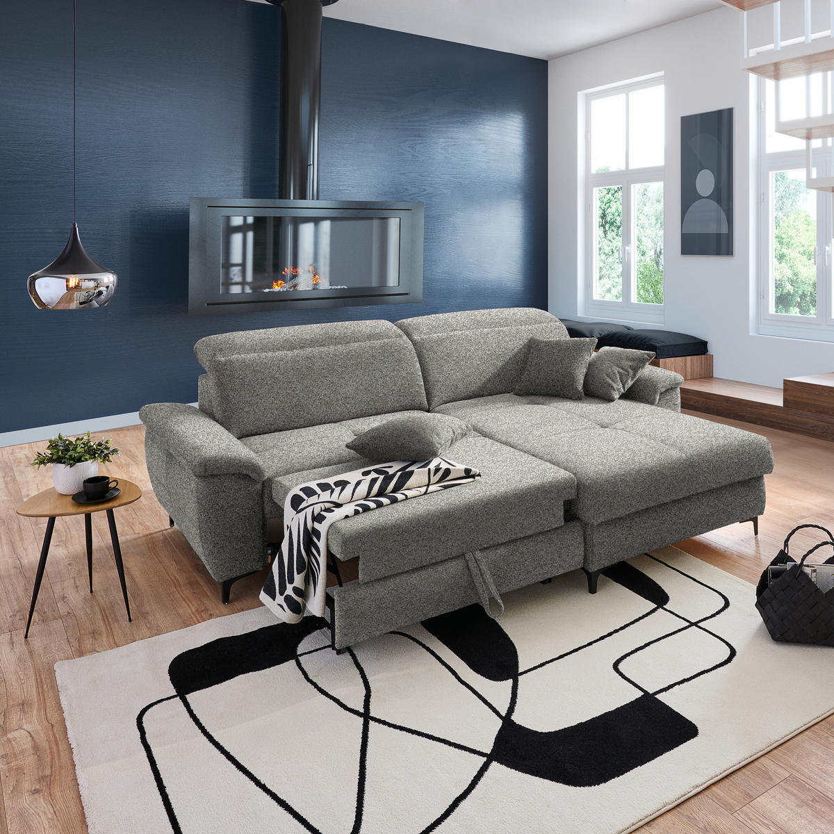 ECKSOFA in Chenille Graubraun  - Graubraun/Schwarz, Design, Textil/Metall (185/256cm) - Stylife