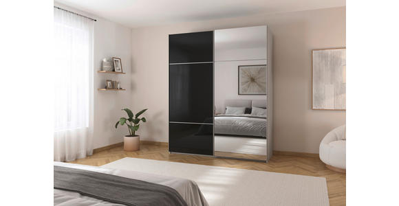 SCHWEBETÜRENSCHRANK 201/223/68 cm 2-türig Grau, Schwarz - Schwarz/Alufarben, KONVENTIONELL, Glas/Holzwerkstoff (201/223/68cm) - Novel