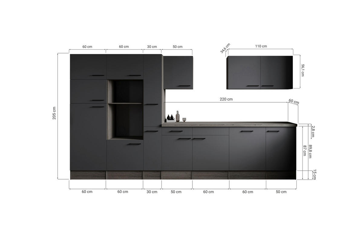 MODULKÖK UTAN VITVAROR 370 cm   i grå, ekfärgad  - svart/grå, Design, metall/trämaterial (370cm) - Respekta